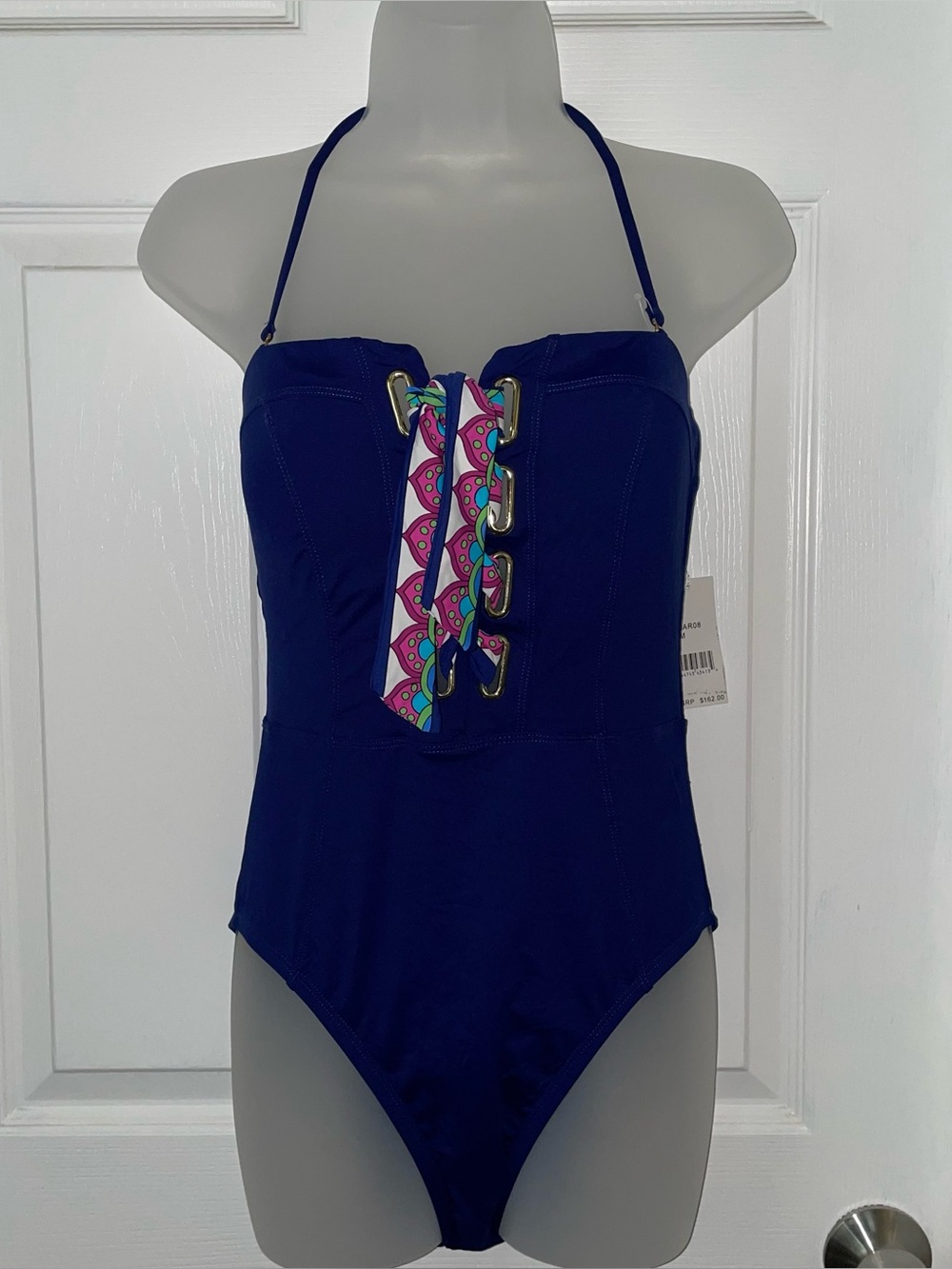 NWT Trina Turk Paradise Plume Bandeau Lace Up One Piece Swimsuit Size 8